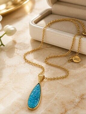 Kinsley Armelle Gold Necklace with Blue Teardrop Druzy Pendant